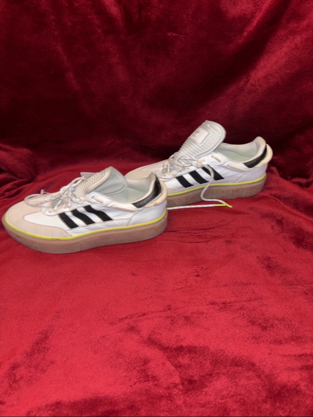 adidas White Sneakers with Black Stripes and Yellow Trim